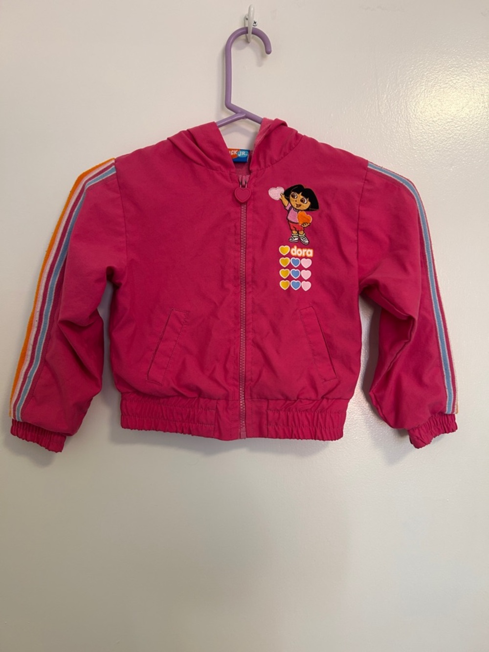 Nickelodeon Dora Pink Hooded Zip-Front Jacket with Multicolor Stripe Sleeves